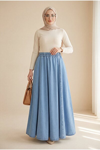 Modamorfo Denim Skirt with Side Pockets and Elastic Waist - Light Blue