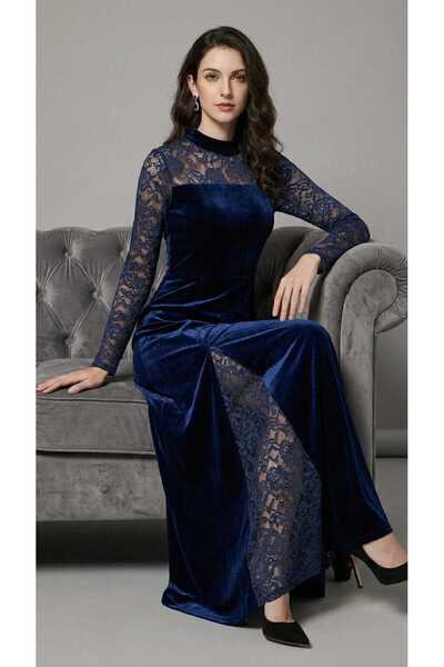 Kayla Warm blue velvet evening dress