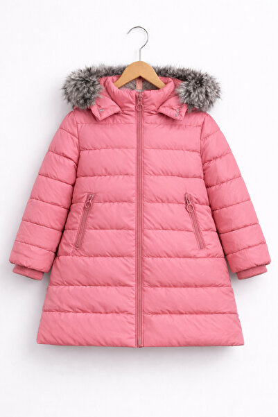 REGOS معطف طويل قابل للنفخ باللون الوردي للفتيات بغطاء رأس موديل شتوي طويل من...