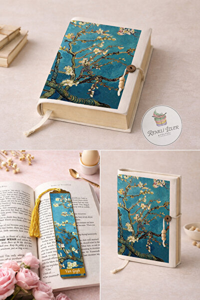 RenkliİzlerAtölyesi Kitap Kılıfı ve Metal Kitap Ayracı Seti (Van Gogh Badem Ç...