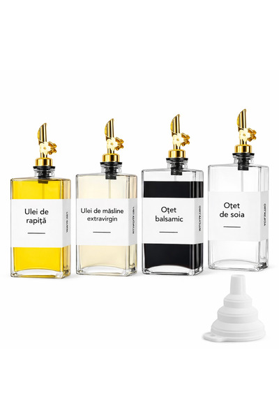 Viacare Set de 4 sticle de ulei și oțet din sticlă cu cioc de turnare și etic...