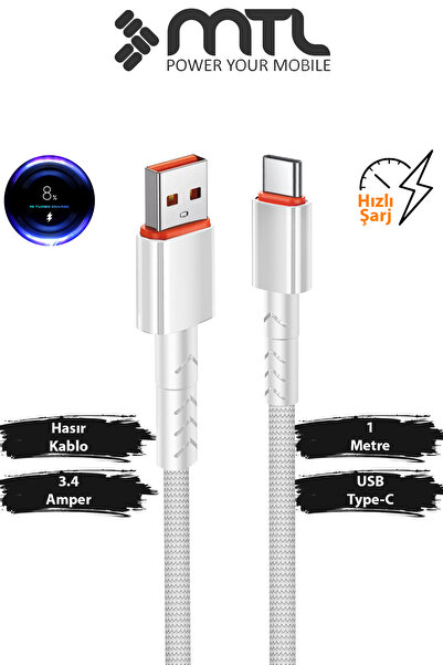 MTL 3.4A USB to Type-C Hızlı Şarj ve Data Kablosu Hasır 1 Metre Beyaz MT2015