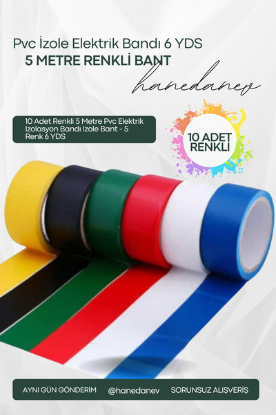 Hanedanev 10 Adet Renkli 5 Metre Pvc Elektrik Izolasyon Bandı Izole Bant - 5 ...