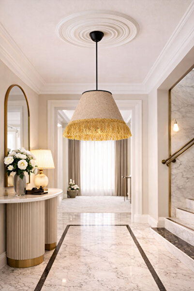 VENON Çise Tekli Saçaklı Tekli Siyah Abajur Kahverengi Şapka Sarı Püsküllü Sa...