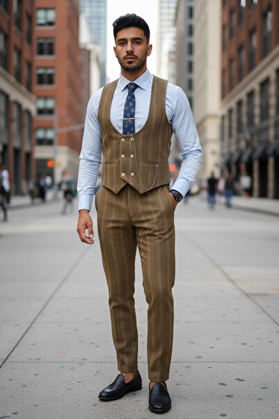 dehaine Costum pentru barbati, pantaloni plus vesta, maro, in dungi, B5517