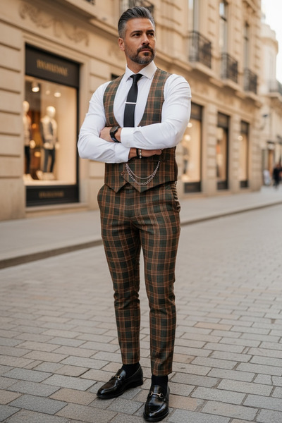 dehaine Costum pentru barbati, pantaloni plus vesta, maro, in carouri, B4205