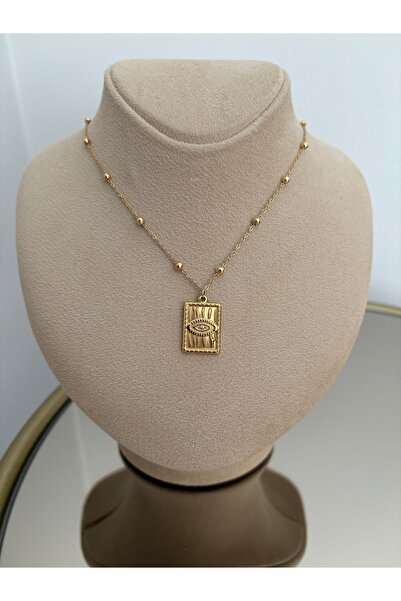 Taşlı Göz Model Gold Plaka Çelik Kolye