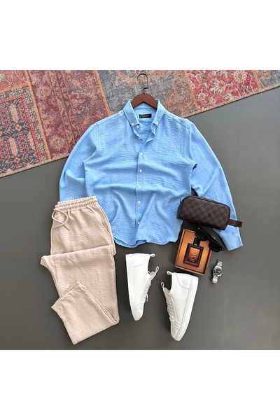 tiggir moda Erkek Krinkıl Keten Gömlek Pantolon Takım 2'li Takım