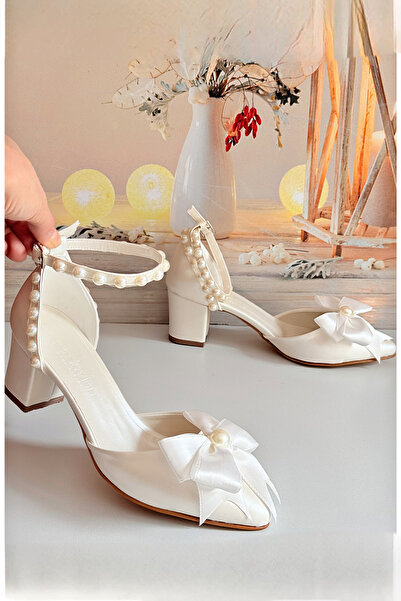 Modavien Women's Ecru 5 cm Pearl Bow Bridal Shoes
