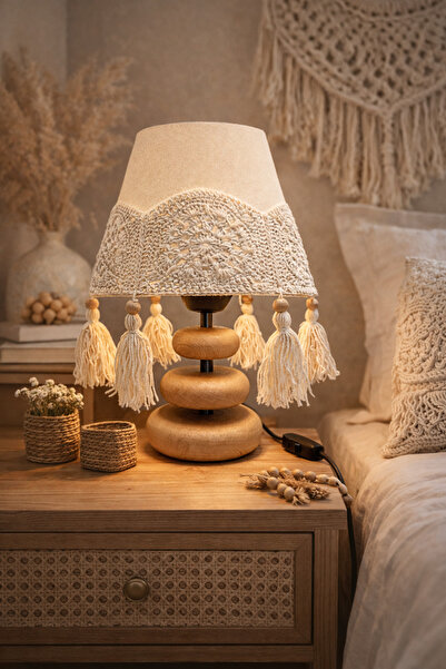 nijiartdesign أباجورة دائرية ثلاثية الطبقات بأرجل خشبية وتصميم كروشيه بسيط مع...