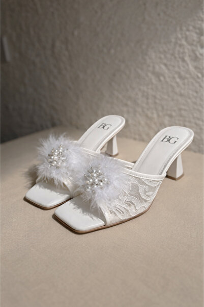 BZC AYAKKABI Beyaz dantel tüylü nişan bohça gelin terliği