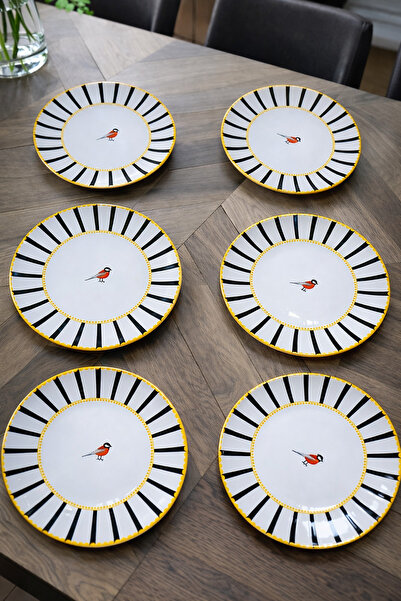 Kezze Modern Kuş Figürlü 6 Parça Porselen Pasta Tatlı Tabağı-Gold Detaylı Sun...