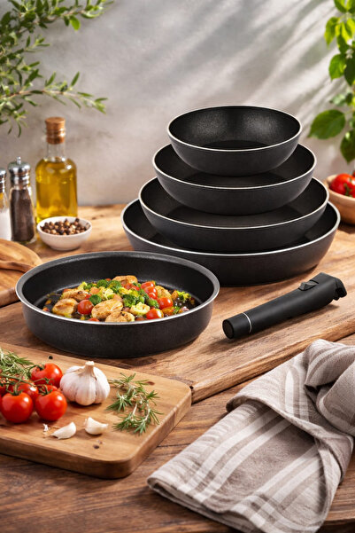 Lines Tak Çıkar Kulplu 5 Parça Tava Seti – Yapışmaz Kaplama, İndüksiyon Uyuml...