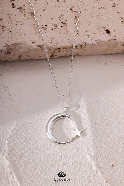 Lucente Jewellery Özel Minimal Tasarım Ay Yıldızlı 925 Ayar Türk Bayrağı Ayyıldızlı Kararma Karşıtı Rodyum Güçlendirmeli Gümüş Özel Gün Hediyesi 45 Cm Zincirli Küpe Hediyeli Hilal Ay ve Yıldız Kadın Kolye