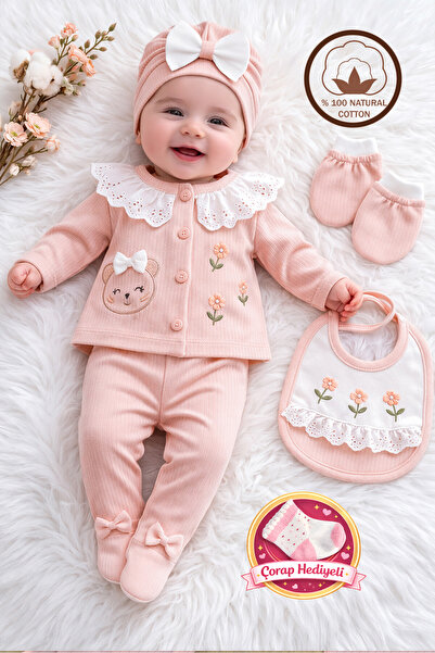 Sitilin Kız Bebek Fistolu Lüks Süslü İşlemeli 5 Li Hastane Çıkışı Yenidoğan S...