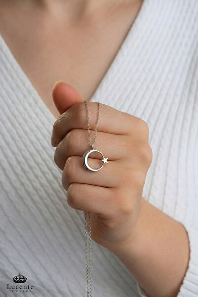 Lucente Jewellery Özel Minimal Tasarım Ay Yıldızlı 925 Ayar Türk Bayrağı Ayyıldızlı Kararma Karşıtı Rodyum Güçlendirmeli Gümüş Özel Gün Hediyesi 45 Cm Zincirli Küpe Hediyeli Hilal Ay ve Yıldız Kadın Kolye