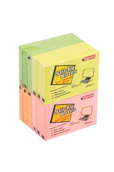 Bigpoint ورق ملاحظات لاصق 75×50 ملم نيون 4 ألوان × 12 قطعة