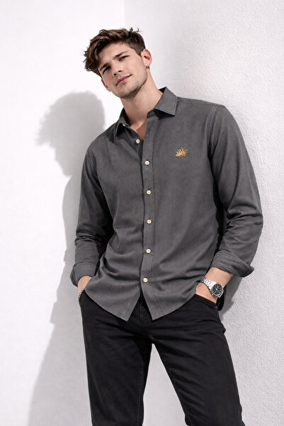 COCOCAN8 Erkek Turuncu Kadife Örme Gömlek Nakışlı Uzun Kol Yumuşak Dokulu Gri