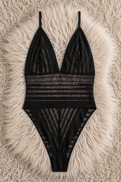 ZENCHES Babydoll negru din dantelă transparentă pentru femei