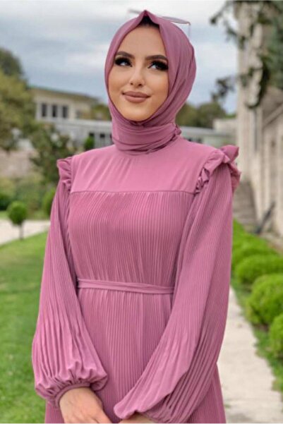 TRENDTESETTÜR KADIN PUDRA OMUZLARI FIRFIR DETAYLI PİLİSELİ ELBİSE 8263