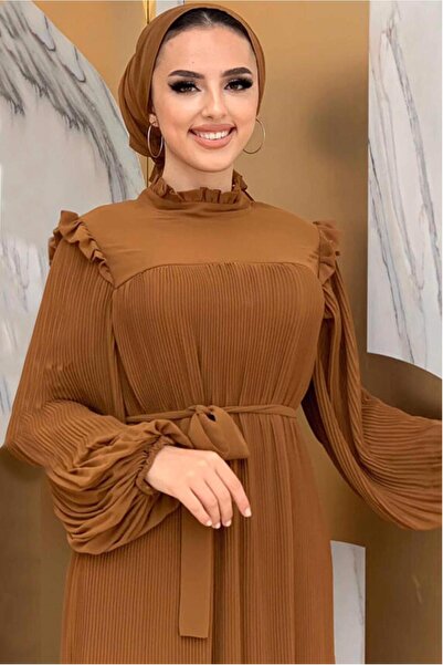 TRENDTESETTÜR KADIN TABA OMUZLARI FIRFIR DETAYLI PİLİSELİ ELBİSE 8263