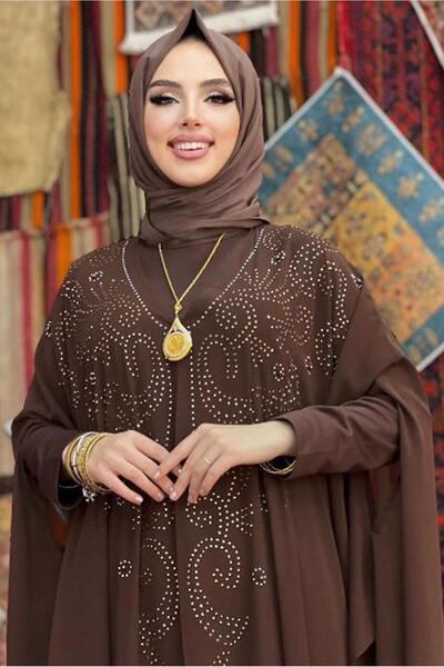 TRENDTESETTÜR KADIN KAHVE İŞLEMELİ TÜLLÜ İKİLİ FERACE TAKIM T 6773