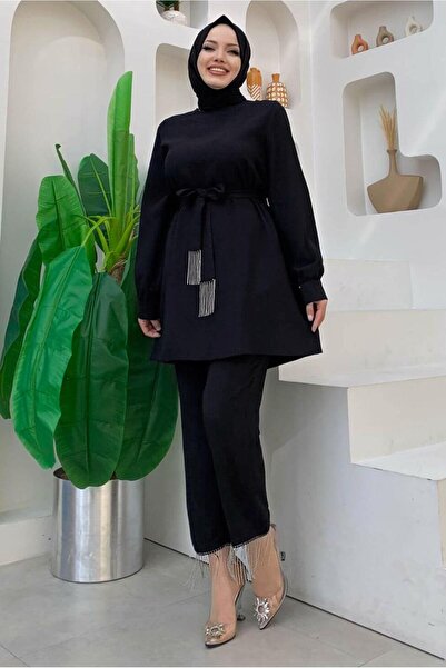 TRENDTESETTÜR KADIN SİYAH ZİNCİR DETAYLI PANTOLONLU TAKIM T 4248