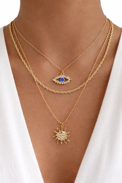 DeNors طقم قلادات نسائية من 3 قطع - بتصميم شكل الشمس والعين، مع سلسلة مرصعة ب...