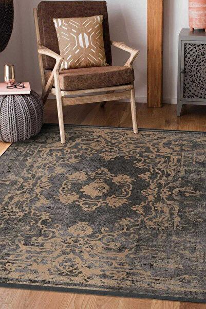 Frenda Vintage Desenli Yıkanabilir Pamuk Taban Dekoratif Halı Antrasit