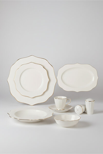 İpek Porselen 12 Kişilik Krem Kenarı Altın Yaldızlı 55 Parça Yemek Takımı