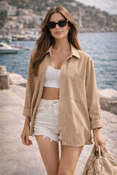 bb butik basic Oversize Keten Dokulu %100 Pamuk Tek Cepli Salaş Gömlek BB-KU3435