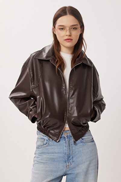 Lovelyİstanbul سترة بومبر من الجلد الصناعي LAX0002 MÜRDÜM