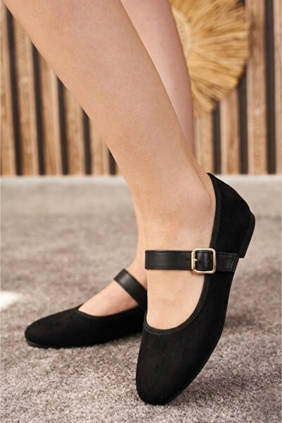 İmerShoes Daily Women's Black Suede Ballerina Shoes with Straps, Adjustable B...