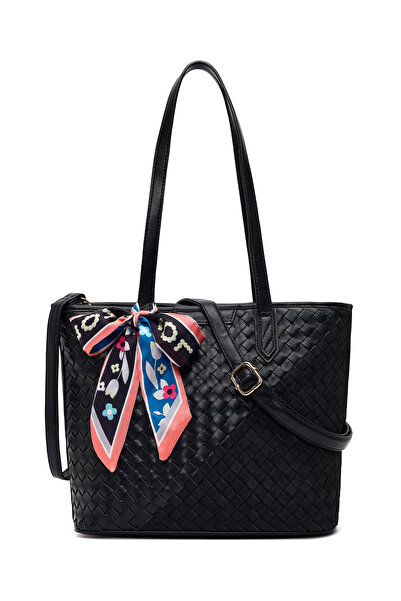 Derimod Geantă de umăr tricotată cu curea lungă neagră pentru femei, cu acces...