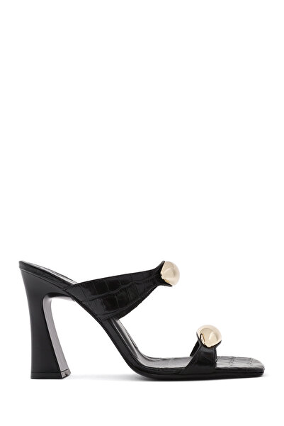 Derimod Women's Black Crocodile High Thick Heeled Leather Slippers 26Sfd1605E3