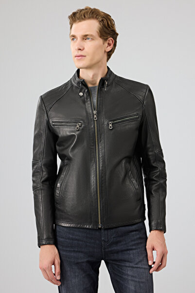 Derimod سترة جلدية سوداء للرجال من جيفرسون بياقة هاكم وقصة ضيقة 25WGF6584WF