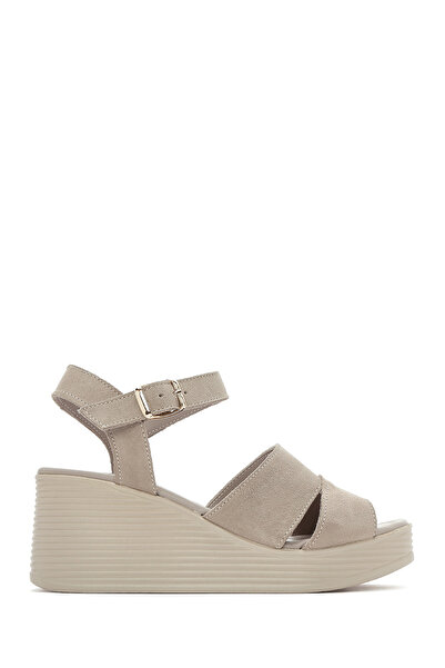 Derimod Women's Gray Wedge Heeled Suede Leather Sandals 26Sfd180910