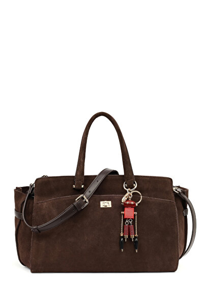 Derimod Women's Brown Long Strap Suede Shoulder Bag with Accessories 25Wbd256010