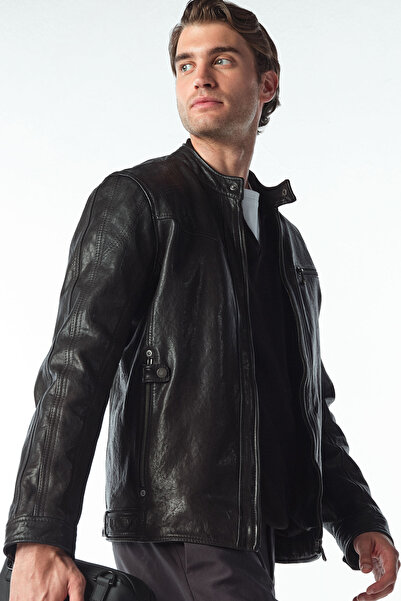 Derimod Towns Men's Black Slim-Fit Short Leather Jacket 25Wgf65872Z