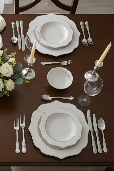 İpek Porselen 6 Kişilik Krem Güneş Form Altın Yaldızlı Özlem 24 Parça Yemek T...