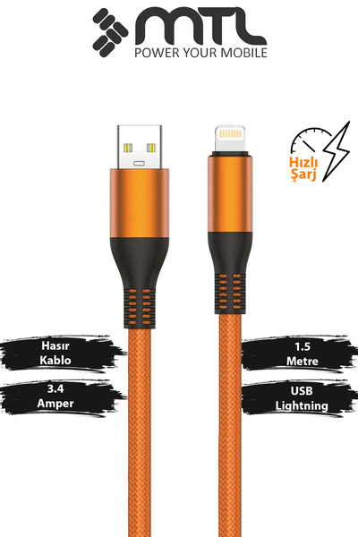 MTL 3.4A iPhone Lightning Hızlı Şarj ve Data Kablosu 1.5 Metre Örgülü Metal B...