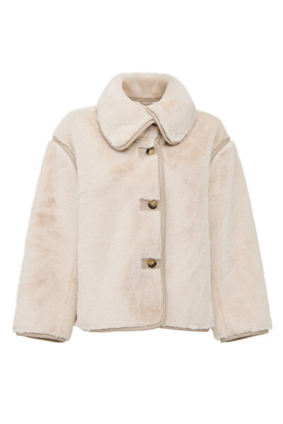 Derimod Malmö Women's Beige Turn-Down Collar Oversized Teddy Leather Coat 25W...