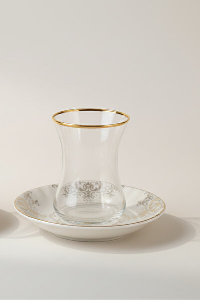 İpek Porselen 6 Kişilik Emboss Lüks Desen Porselen Altın Yaldızlı Çay Takımı ...