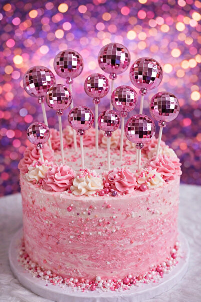 PARTİPORT Pembe Disko Top Pasta Süsü Seti 12 Adet – Aynalı Pasta Üstü Parti D...