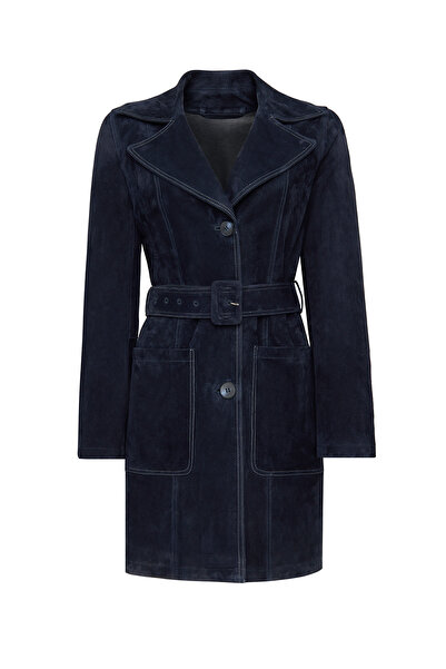 Derimod Argentina Women's Navy Blue Suede Leather Trench Coat 25Sgd 530210