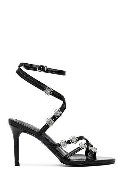 Derimod Women's Black Ankle Buckle Stone Metallic Thin Heeled Sandals 25Sfe48...