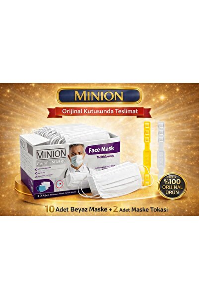 Minion Cerrahi Maske Beyaz 10'luk Maske Tokası Hediyeli