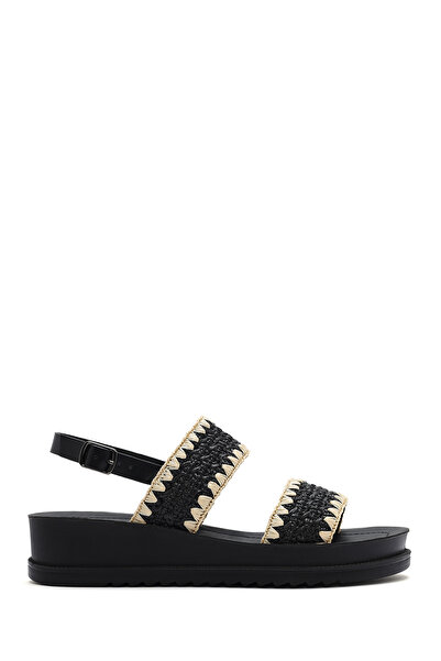 Derimod Women's Black Ankle Buckle Thick Soled Straw Sandals 25Sfe4653M7