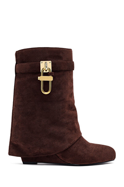 Derimod Cizme de damă din piele intoarsa maro cu toc cu pană 25AFD440010