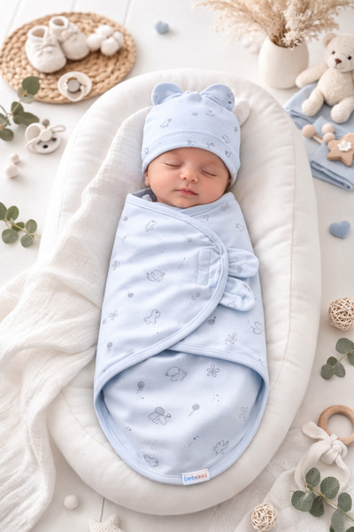 moukou 0-4 Months Baby 100% Cotton Swaddle and Hat Velcro Fastener Soft Combe...